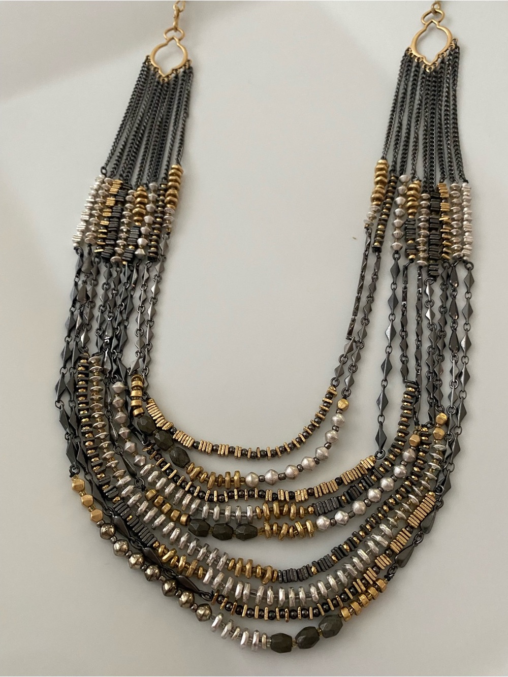Multi-Strand Metallic Bead Statement Necklace - Gold & Gunmetal